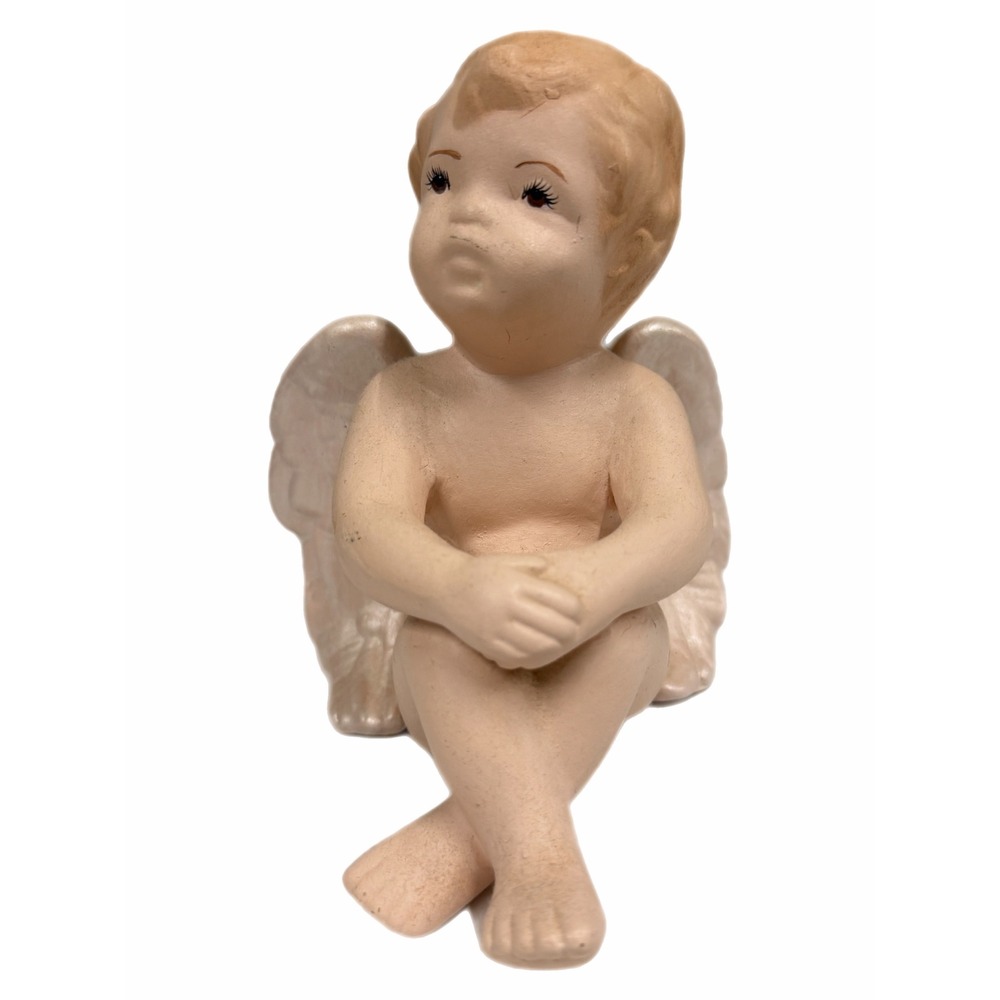 Vintage Ceramic Cherub Angel Figurine‎ Seated Iridescent Wings Peach 6"